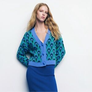 Zara Blue and Green Patterned Cardigan